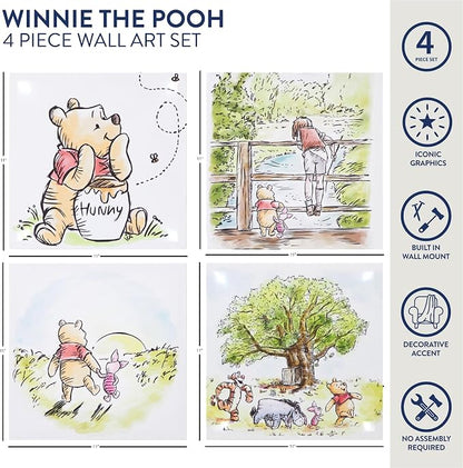 Disney Winnie the Pooh LED Canvas Wall Art,4-Pack Kids Room Decor,Light-Up Wall Hangings, Each 11"x11",Nursery & Bedroom Decoration Set