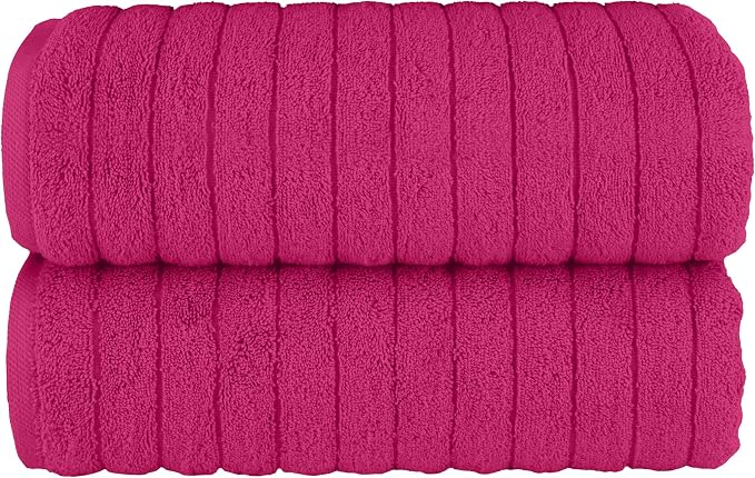 Elegant Comfort 100% Turkish Cotton Corduroy Ribbed Luxury Soft 2 Pack Bath Towels 27 x 54 Inch - Ultra Plush, Absorbent, Quick Dry, Hotel Spa Quality Towels for Bathroom Essentials, Hot Pink