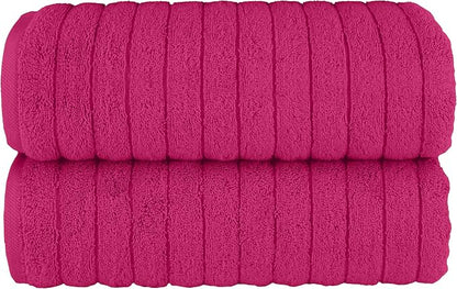 Elegant Comfort 100% Turkish Cotton Corduroy Ribbed Luxury Soft 2 Pack Bath Towels 27 x 54 Inch - Ultra Plush, Absorbent, Quick Dry, Hotel Spa Quality Towels for Bathroom Essentials, Hot Pink