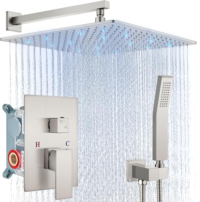 Aolemi Shower Faucet Set with Valve Handheld 16" LED Head Brushed Nickel | Handheld Spray,16 Inch Rain LED Head,Valve and Trim Kit,All Metal,Wall Mount Shower System,Bathroom Mixer