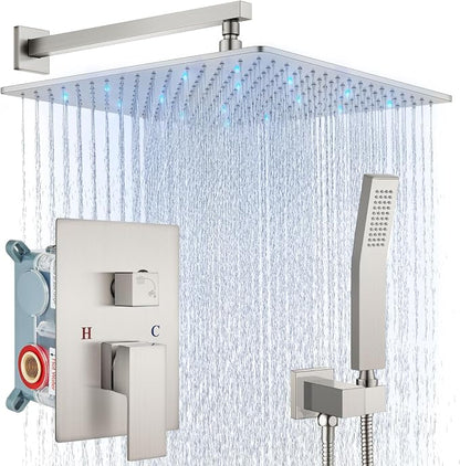 Aolemi Shower Faucet Set with Valve Handheld 16" LED Head Brushed Nickel | Handheld Spray,16 Inch Rain LED Head,Valve and Trim Kit,All Metal,Wall Mount Shower System,Bathroom Mixer