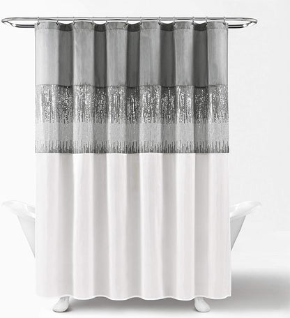 Lush Decor Night Sky Shower Curtain, Single, 72" W x 72" L, Gray & White - Sequin Shower Curtain - Sparkly Color Block Bath Curtain - Modern Glam Bathroom Decor