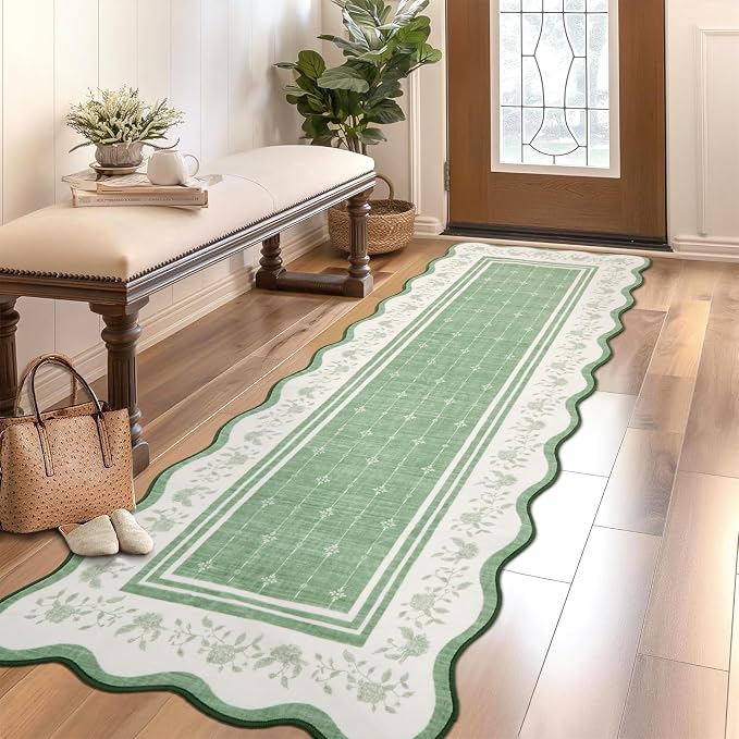 Garvee 2x6 Runner Rug Scalloped Kitchen Runner Rug Entryway Runners Green | Washable Non Slip Modern Bordered Foldable Thin Accent Carpet Low Pile Soft Nursery Rugs for Hallway Bathroom Bedside Laundry