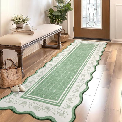 Garvee 2x6 Runner Rug Scalloped Kitchen Runner Rug Entryway Runners Green | Washable Non Slip Modern Bordered Foldable Thin Accent Carpet Low Pile Soft Nursery Rugs for Hallway Bathroom Bedside Laundry