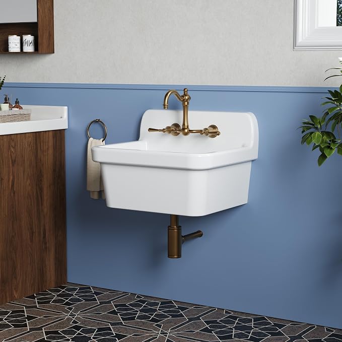 Garvee Utility Sink 24 x 20 Inch, Ceramic Laundry Sink with High Backsplash, Wall Mount, Farmhouse Design, Perfect for Garage, Washing Room, Kitchen, Bathroom