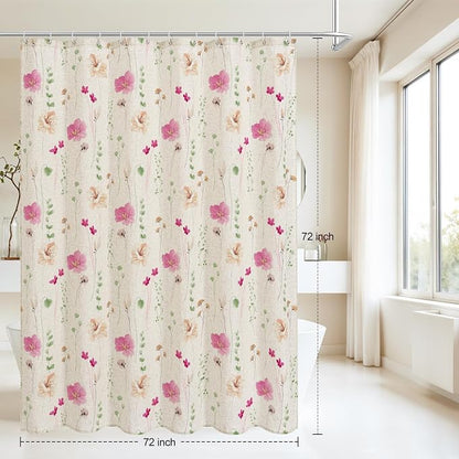 Pink Green Linen Watercolor Floral Fabric Shower Curtain, 72x72 | Linen Fabric, Modern Minimalist Floral Print, Machine Washable, Rustproof Grommets, for Bathroom Home
