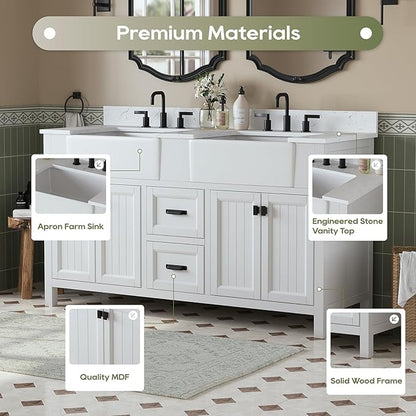 60 Inch Bathroom Vanity with Double Sink, Farmhouse Bathroom Sink Cabinet with Soft Closing Doors & Drawers, Solid Wooden Frame Double Sink Bathroom Vanity, Adjustable Feet, White