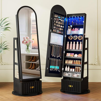 Vlsrka Arched LED Mirror Jewelry Cabinet with Full Length Mirror, Black | Lockable Jewelry Armoire Cabinet, 360° Swivel Jewelry Organizer with Drawer Storage, Foldable Makeup Shelf, 2 Rear Hooks
