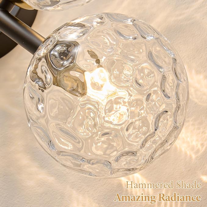 5 Lights Bathroom Vanity Light,Matte Black Globe Bathroom Light Fixtures | Hammered Clear Glass Wall Sconce Lighting,Mid Century Modern Brass Bubble Glass Bathroom Vanity Lights over Mirror,G9 Base