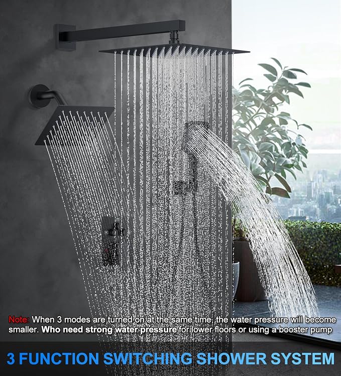 WOINDO Shower Faucet Set, 10" Wall Mount Rainfall Shower System with 2 Rain Shower Head and Multi-function Handheld Head Push Button Diverter Shower Faucet Trim Kit