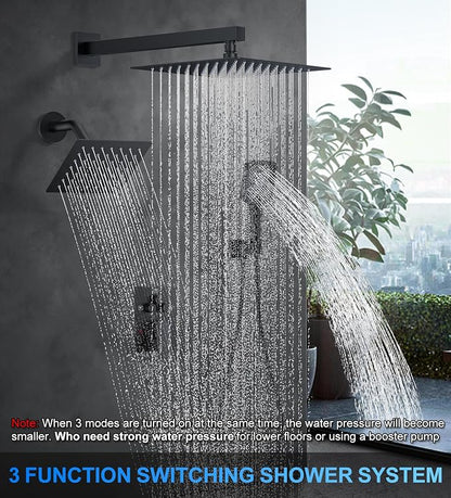 WOINDO Shower Faucet Set, 10" Wall Mount Rainfall Shower System with 2 Rain Shower Head and Multi-function Handheld Head Push Button Diverter Shower Faucet Trim Kit