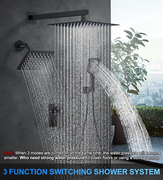 WOINDO Shower Faucet Set, 10" Wall Mount Rainfall Shower System with 2 Rain Shower Head and Multi-function Handheld Head Push Button Diverter Shower Faucet Trim Kit