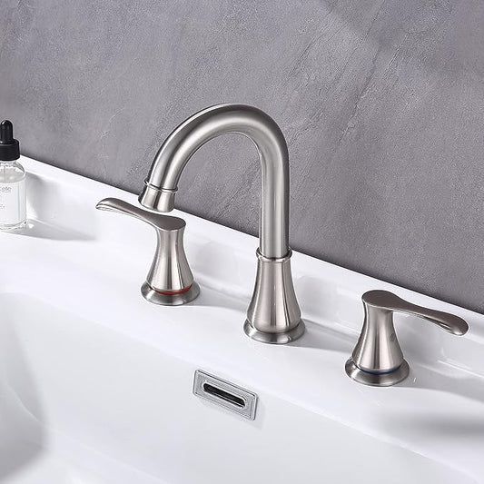 3 Hole Bathroom Faucet with Pop Up Drain and cUPC Faucets Supply Hose, WiPPhs 360 Degree Swivel Spout 2 Handle 8 inch Brass Widespread Bathroom Sink Faucet, Basin Faucet Mixer Taps (Brushed Nickel)