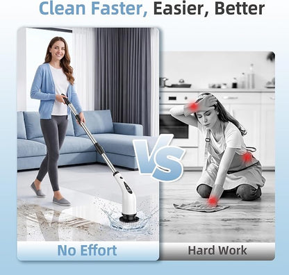 Electric Spin Scrubber, 3-Speed Flat End Brush with 8 Brush Heads & Base, IPX7 Waterproof, Adjustable Long Handle, Digital Display, 2500mAh Fast Charging, for Bathroom, Tub, Tile, Floor