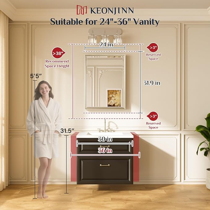 Keonjinn 24"x32" Brushed Nickel Mirror for Bathroom Sink, HD Tempered Glass | Aluminum Alloy Metal Framed, Rustproof & Waterproof, Secure French Cleat, Beveled Edge, Silver Bathroom Wall Mirror, Hallway