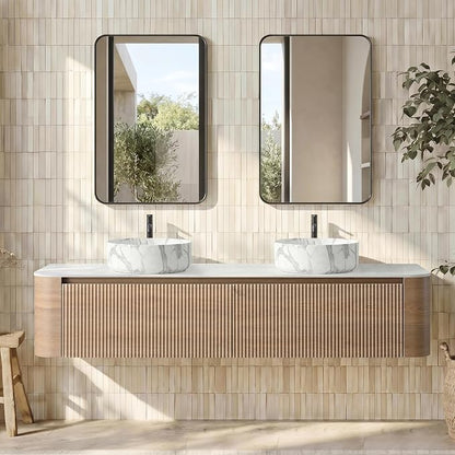 72" Floating Bathroom Vanity with Carrara Finish Sink, Honey Oak | Pre-Assembled Fluted Wall Mounted Double Sink Vanity with Sintered Stone Countertop, Soft-Close Drawers & Towel Rack