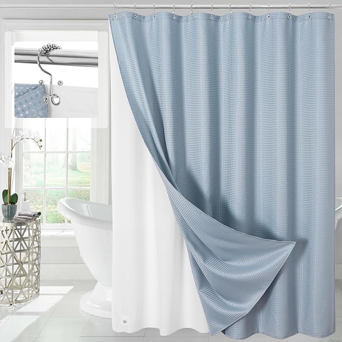 3 in 1 Fog Blue Shower Curtain with PEVA Liner, 12 Hooks, 72x72 | Luxury Weighted Fabric Shower Curtain Set, 12 Stainless Steel Double-Sided Hooks, Water Repellent, Bathroom Decor
