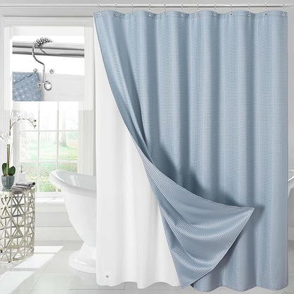 3 in 1 Fog Blue Shower Curtain with PEVA Liner, 12 Hooks, 72x72 | Luxury Weighted Fabric Shower Curtain Set, 12 Stainless Steel Double-Sided Hooks, Water Repellent, Bathroom Decor