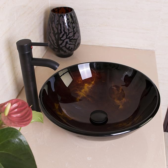 wonline Round Artistic Tempered Glass Bathroom Vessel Sink Combo Oil Rubbed Bronze Faucet and Drain Basin