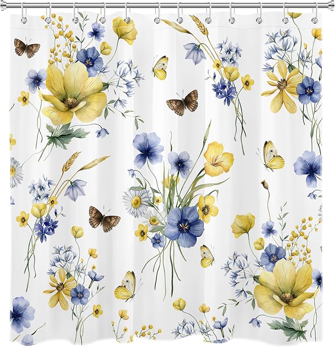 HVEST Farmhouse Floral Shower Curtain with Hooks, Blue and Yellow Flower and Butterfly on White Shower Curtain for Bathroom, Rustic Wildflower Bathroom Curtains Shower Set, 72X78 inch