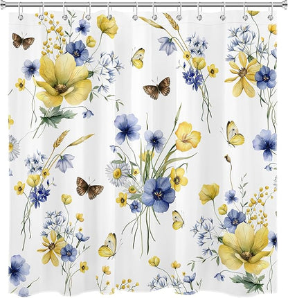 HVEST Farmhouse Floral Shower Curtain and Bathroom Rugs, Blue and Yellow Flower and Butterfly on White Shower Curtain with Bath Mat, 70X70 inches Rustic Wildflower Shower Curtain Set