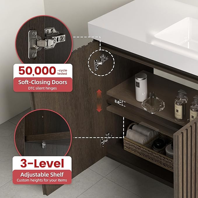 48" Bathroom Vanity with Sink, Freestanding Single Sink Bathroom Vanity with White Engineered Stone Top & Open Side Storage, Soft-Closing Doors with Adjustable Shelf, Smoked Oak Brown