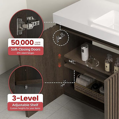 48" Bathroom Vanity with Sink, Freestanding Single Sink Bathroom Vanity with White Engineered Stone Top & Open Side Storage, Soft-Closing Doors with Adjustable Shelf, Smoked Oak Brown