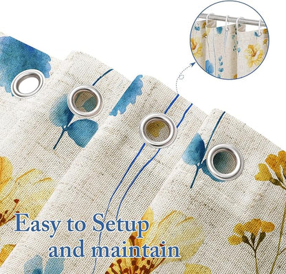 BlueYellow Linen Watercolor Floral Fabric Shower Curtain, 72x72 | Linen Fabric, Modern Minimalist Floral Print, Machine Washable, Rustproof Grommets, for Bathroom Home