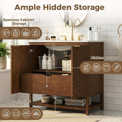 30 Inch Walnut Mid-Century Bathroom Vanity with Ceramic Basin Sink, Space Saving Bathroom Storage Cabinet with Sink & Dual Hidden Drawers & Open Bottom Shelf, Fluted Door Panel (Walnut Style2, 30")
