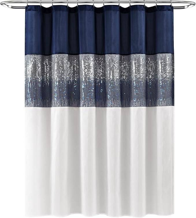 Lush Decor Night Sky Shower Curtain, Single, 72" W x 84" L, Navy & White - Sequin Shower Curtain - Sparkly Color Block Bath Curtain - Modern Glam Bathroom Decor - Extra Long Shower Curtain