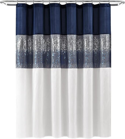 Lush Decor Night Sky Shower Curtain, Single, 72" W x 78" L, Navy & White - Sequin Shower Curtain - Sparkly Color Block Bath Curtain - Modern Glam Bathroom Decor - Extra Long Shower Curtain