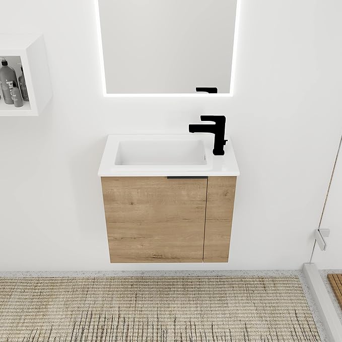 Henf Wall Mount 22 Inch Bathroom Vanity W/Sink Combo for Small Space, Modern Design Vanity Cabinet Gel Basin Countertop, Float Mounting Design Cabinet Set with Soft Close Doors, Oak (Without Faucet)