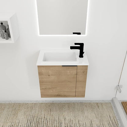 Henf Wall Mount 22 Inch Bathroom Vanity W/Sink Combo for Small Space, Modern Design Vanity Cabinet Gel Basin Countertop, Float Mounting Design Cabinet Set with Soft Close Doors, Oak (Without Faucet)