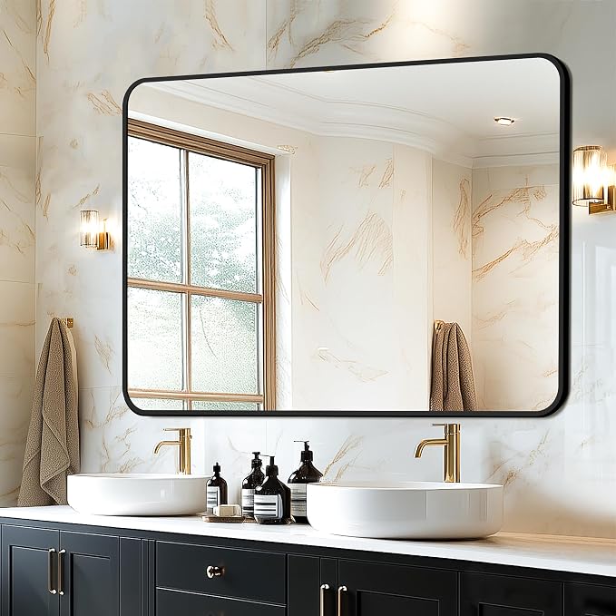 Bathroom Vanity Mirror, Black Framed Mirror for Over Sink, 40x28 | HD glass, distortion-free for makeup and grooming, Sturdy frame, all mounting hardware, hangs horizontal or vertical