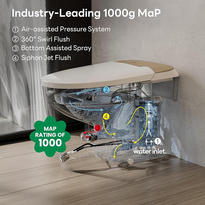 CD-W10V Non-Electric Bidet Toilet, Elongated, Glod | MAP 1000g Powerful Flush Smart Toilet, ADA comfort height, air pressure assisted,soft open/close,Foot-kick Flush,1.0 GPF