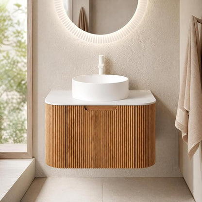 24 Inch Bathroom Vanity with Sink, Floating Wall Mounted Single Sink Vanity for Small Baths, Natural Woodgrain Curved Fluted Front, Stone Top, Pure White Round Vessel Basin, Pre-Assembled