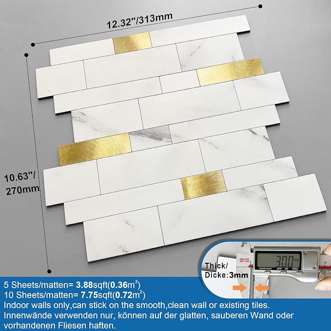 Stone Peel Stick Backsplash Tiles Kitchen Wall White Gold 10pcs