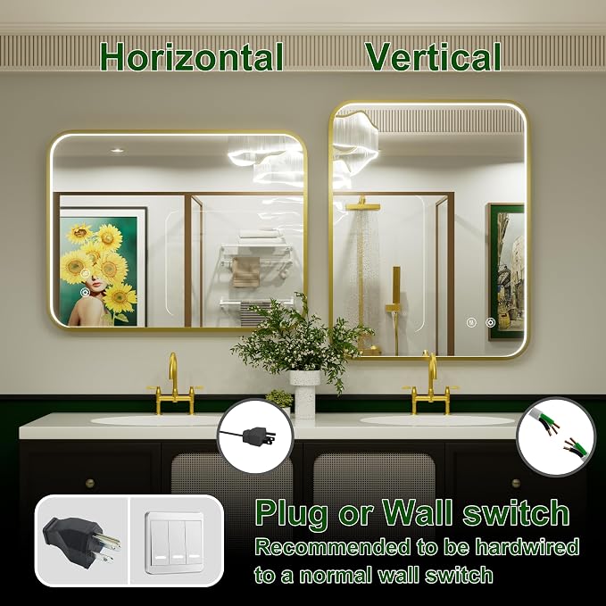 28x36 Inch Gold LED Bathroom Mirror with Lights,3000K/4500K/6000K | Stepless Dimmable, Anti-Fog, Memory Funtion, Aluminum Frame Wall Mount Lighted Vanity Mirror, ETL Listed, Horizontal/Vertical