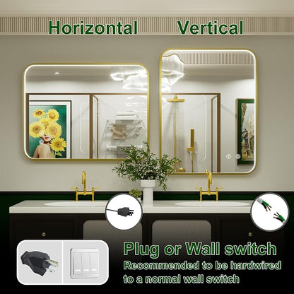 28x36 Inch Gold LED Bathroom Mirror with Lights,3000K/4500K/6000K | Stepless Dimmable, Anti-Fog, Memory Funtion, Aluminum Frame Wall Mount Lighted Vanity Mirror, ETL Listed, Horizontal/Vertical