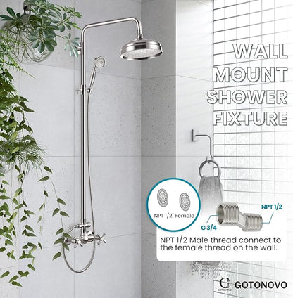 gotonovo Exposed Shower System Wall Mount,Brushed Nickel,Metal Handheld | 8” Rain Shower Head Faucet Set Fixtures,2 Function,Two Cross Handle,Height Adjustable,for 5-6.7" Hole,Indoor Victorian Retro