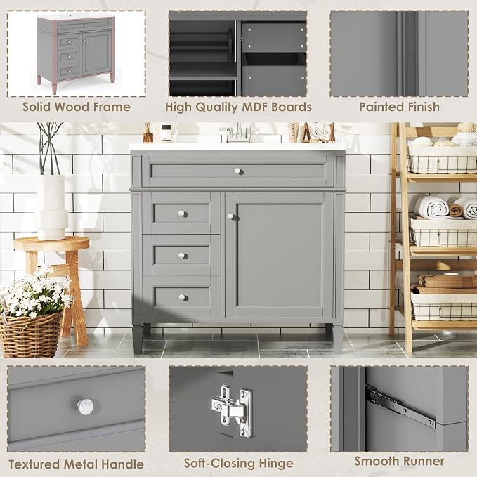Merax 36 Inch Bathroom Vanity with Top Sink, Modern Bathroom Storage Cabinet with 2 Drawers and a Tip-Out Drawer, Solid Wood Frame Single Sink Bath Vanities, Gray
