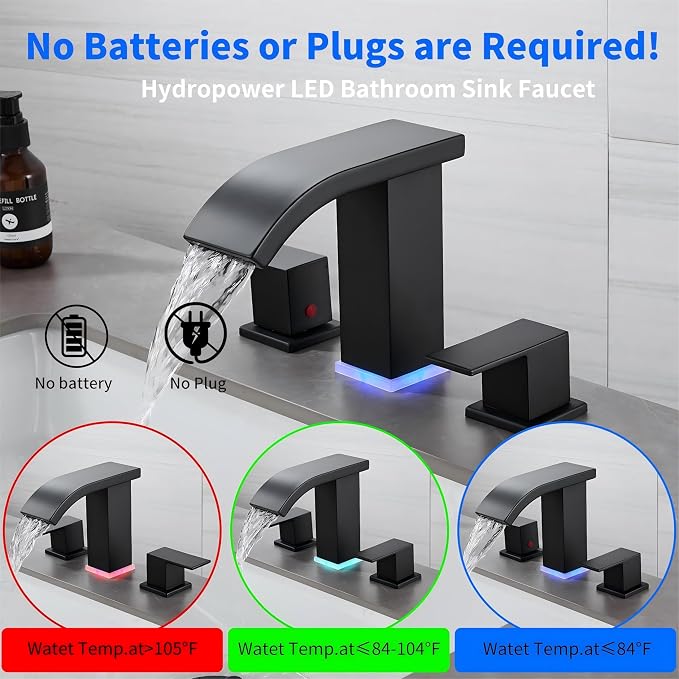 Bathroom Faucets Set Matte Black 8 inch Bathroom Sink Faucet 3 Hole with Pop Up Drain Widespread Modern Waterfall Vanity Faucet with 3 Colors Light Changing (Matte Black)