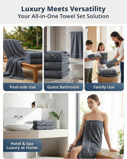 LANE LINEN Bath Towel Set 100% Cotton 4 Piece Soft Absorbent - Cool Grey | Shower Towels - Generously Sized, Oversized & Roomy, Lightweight & Breathable, Fade-Resistant Color, Classic Terry Weave
