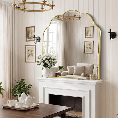 Gold Arched Mirror, 36×40Inch Scalloped Mirror for Bathroom, Wavy Wall Mounted Vanity Mirror with Aluminum Alloy Frame for Livingroom Bedroom and Entryway, Tempered Glass