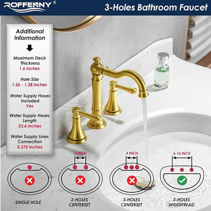 Brushed Gold Bathroom Sink Faucet 8 Inch Widespread 3 Holes | Includes Plastic Pop-Up Drain & Two 23.6" Supply Lines, Classical 8 In Spread Lavatory Bath Vanity Sink Faucets, Brass Spout