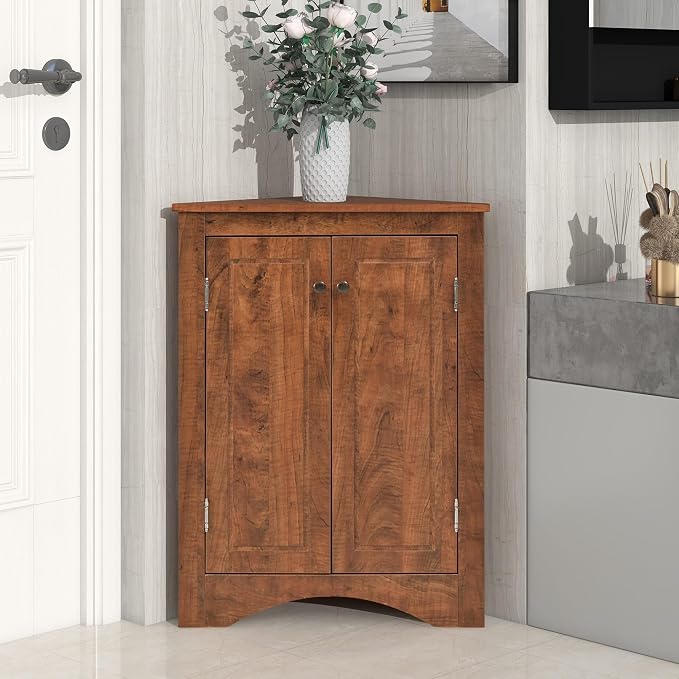 Corner Storage Cabinet with Two Doors and Adjustable Shelf, Freestanding Floor Space Saver for Bathroom, Living Room or Kitchen, Brown