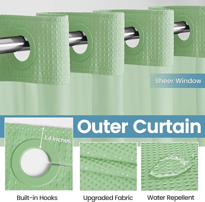 EUTXL Heavyweight Mint Green No Hook Shower Curtain with Snap in Liner,256GSM Waffle Weave Shower Curtains for Bathroom,71W x 74H