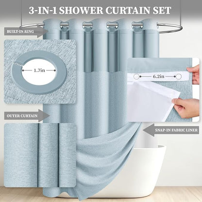 Fog Blue Ringless Linen Textured Shower Curtain with Snap Liner, 72x75 | 3 in 1 Modern Shower Curtain Set, Removable Liner, Waterproof & Washable, Mesh Top Window, Durable Fabric, Easy to Install