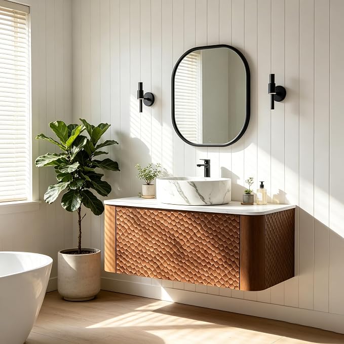 30 Inch Modern Bathroom Vanity with Ceramic Sink, Floating Bathroom Vanity Cabinet with Sintered Stone Top&Solid Wood Hammered Frame, Single Sink Bathroom Vanities w/Soft-Close Drawers,Walnut