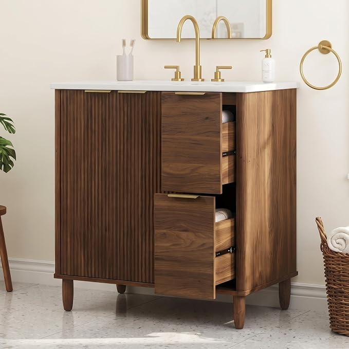30 Inch Mid-Century Bathroom Vanity with SMC Sink (Walnut Style3, 30") | Dual Drawers & Fluted Soft-Closing Doors, Walnut Vanity Cabinet with Adjustable Shelf, Gold L-Shaped Handles, Solid Wood Legs